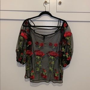Mesh embroidered rose top